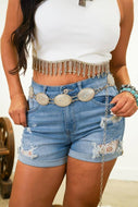 Mid Wash Denim Shorts W Lace Patch Insert