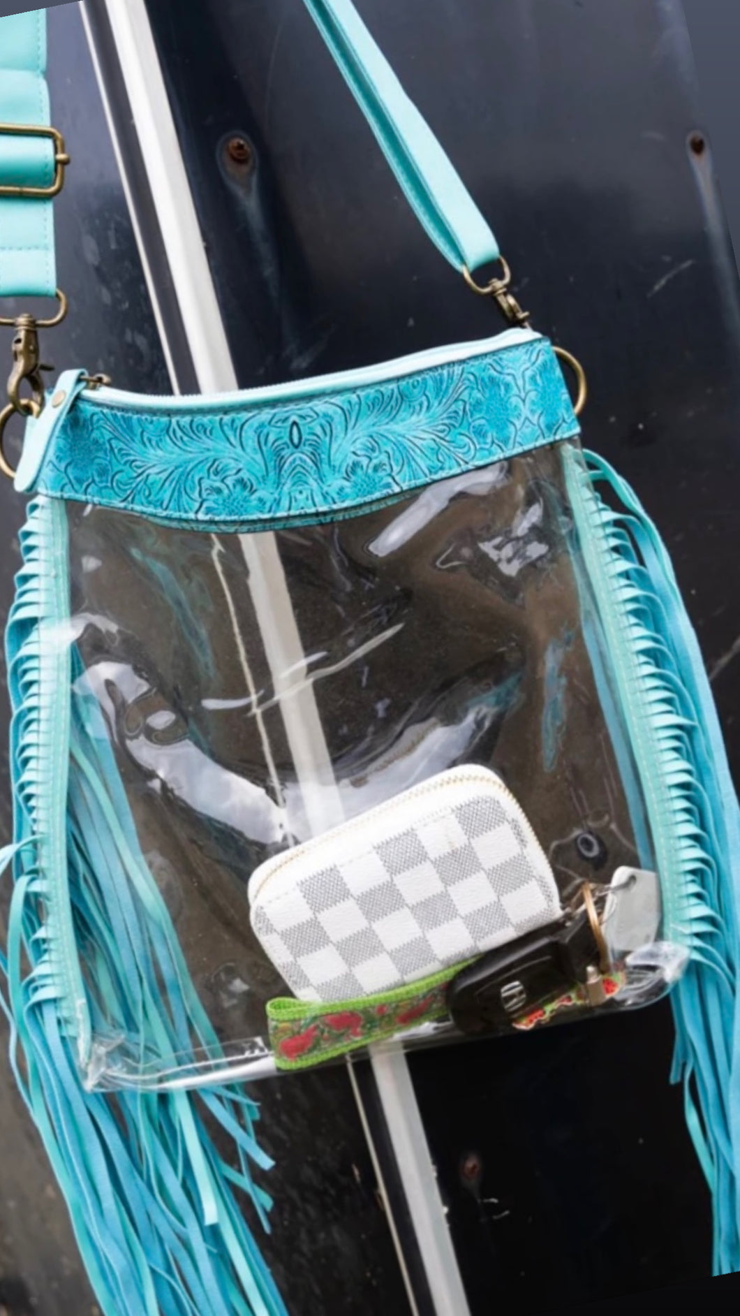 Turquoise fringe clear crossbody