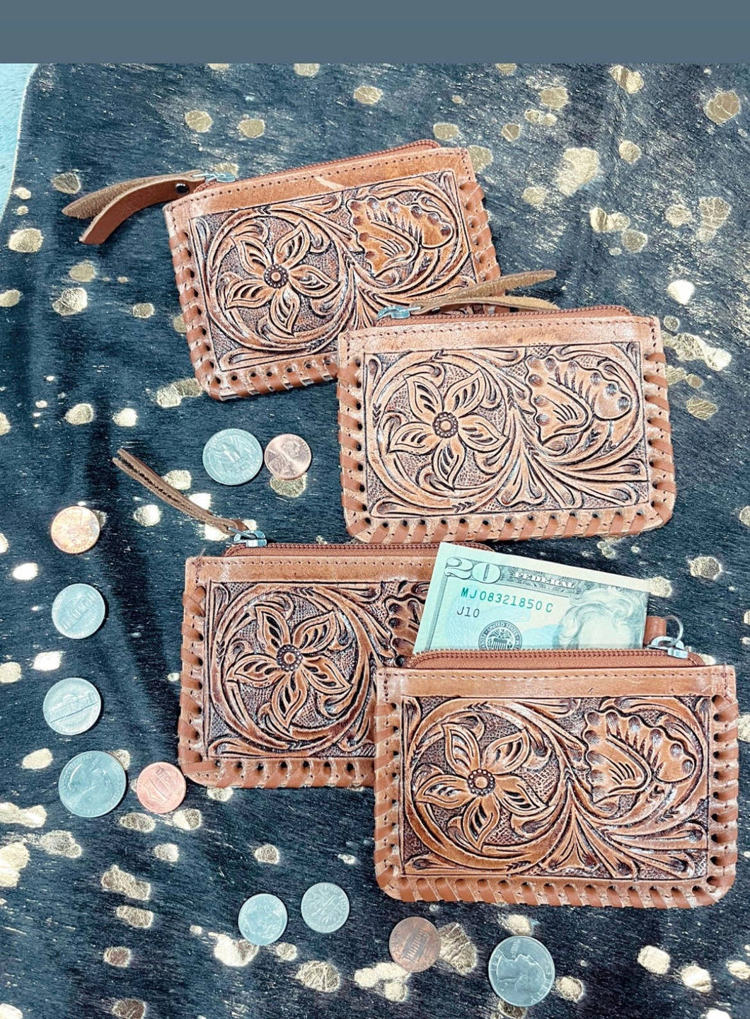 Tooled Cowhide Coin Pouch